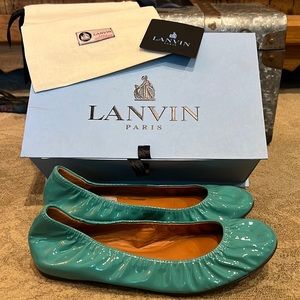 LANVIN Paris Paten Leather Ballet Flat Teal Blue Size 37 1/2 (7 1/2)